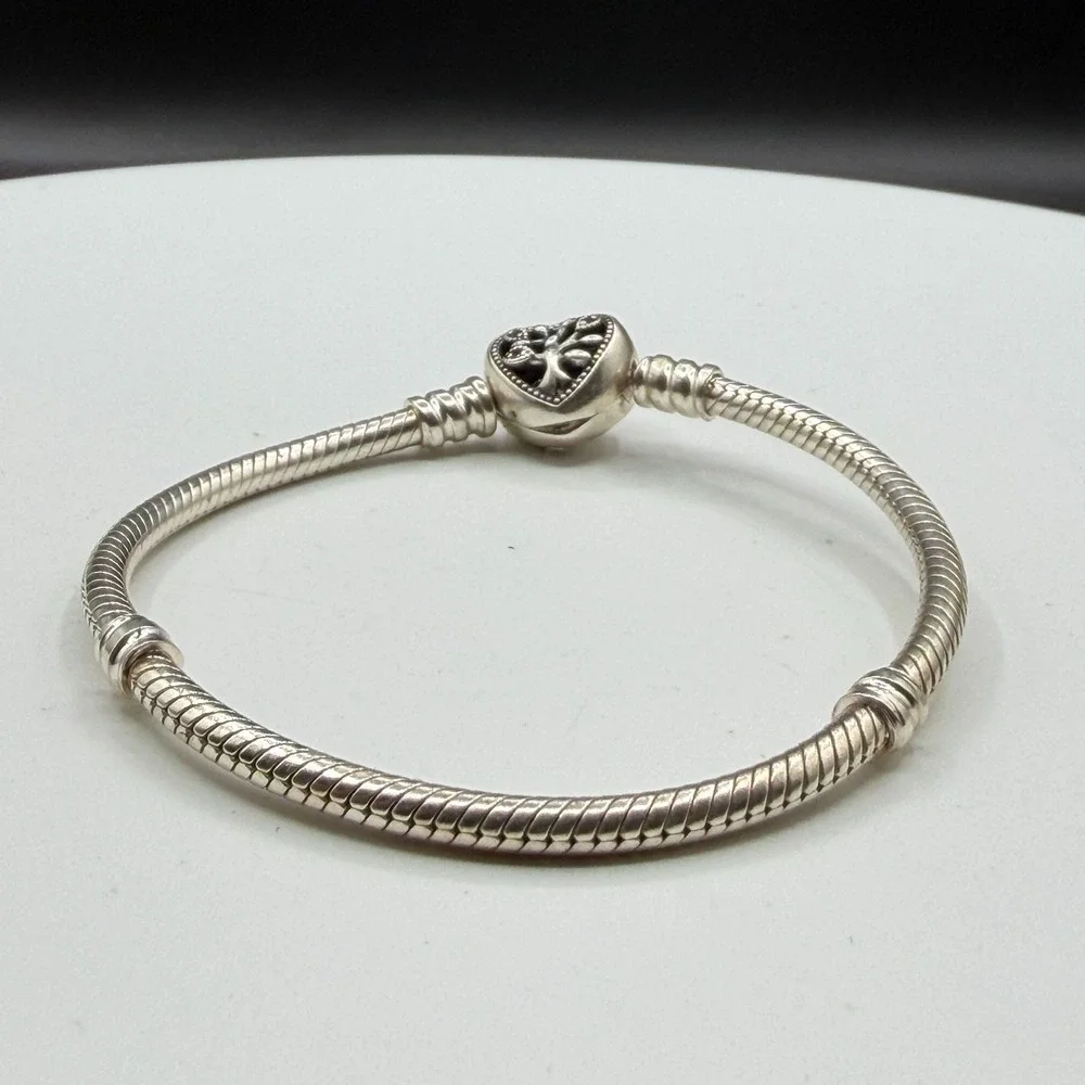 Silver Tone Snake Chain Charm Bracelet Heart Family Clasp European Style Gift